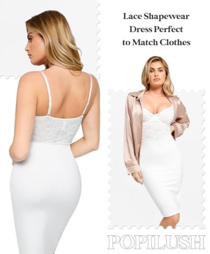 Image of Popilush Lace Midi Dress Shapewear Dresses for Women V-Neck Slip Adjustable Straps Bodycon Slip with Underwire