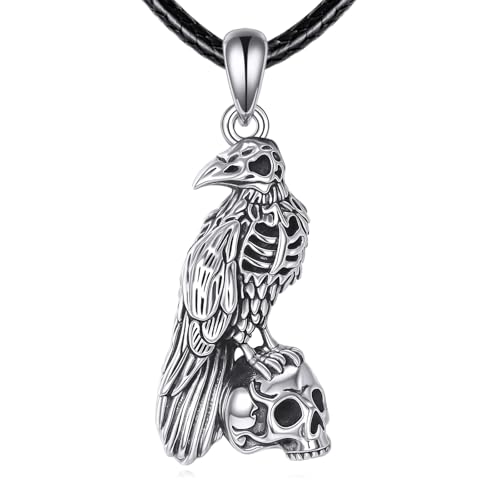 Raven Skull Necklace 925 Sterling Silver Gothic Witchy Crow Bird Skeleton Skull Pendant Goth Jewelry Gift For Men Women