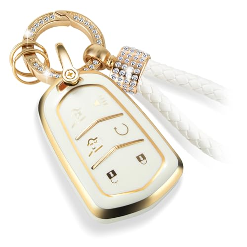 Image of for Cadillac Key Fob Cover with Luxury Diamond Bling Braided Rope Keychain, Upgraded Soft Key Case for 2015-2019 Escalade CTS SRX XT5 ATS STS CT6 (6 Buttons) (Gold,A2)