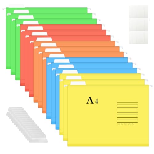 Dossiers Suspendus A4 avec Onglets et Inserts,Dossiers Suspendu pour Armoires de Classement,pour École, Maison Et Bureau(15 Pack), Bleu, Orange, Violet, Rose, Vert