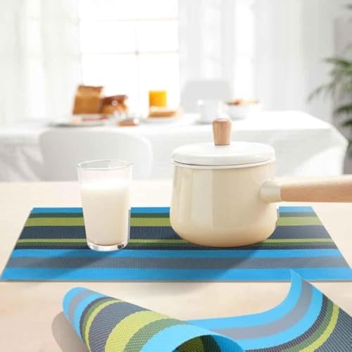 Image of Potency Table Mats Set of 6, Woven Placemats for Dining Table, Heat-Resistant, Anti-Skid, Washable PVC Table Mats, Vinyl Placemats for Dining, Kitchen & Restaurant Table (I Multistripe Blue)