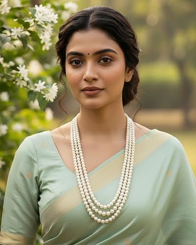 Image of Mansiyaorange Long Triple Layered Pearl Necklace for Women Fashion Statement Jewelry Set