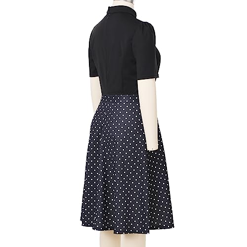 Image of CAMDOM Church Clergy Dress for Women Short Sleeve Polka Dot A Line Elegant Dress with Tab Collar