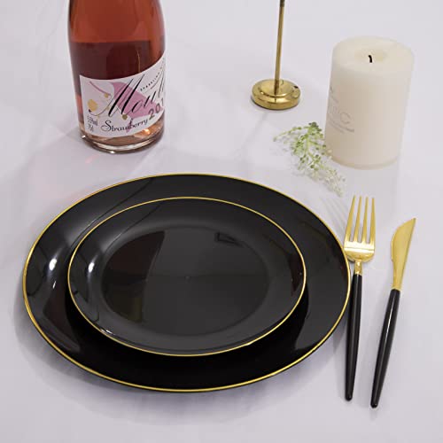 KIRE 60PCS Black Plastic Plates - Black Disposable Plates with Gold Rim for Halloween Party/Graduation - Include 30Pcs 10.25inch for Dinner and 30Pcs 7.5inch for Dessert