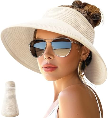 NPJY Sun Hats for Women Wide Brim Roll-Up Beach Ponytail Hat Packable Foldable Travel Straw Visor