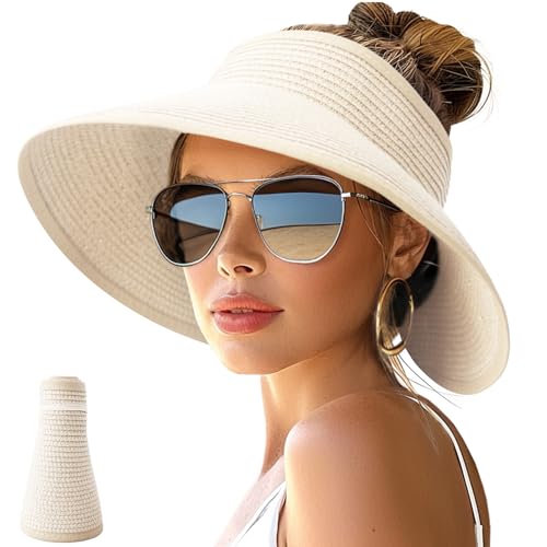 NPJY Sun Hats for Women Wide Brim Roll-Up Beach Ponytail Hat Packable Travel Foldable Straw Visor Beige