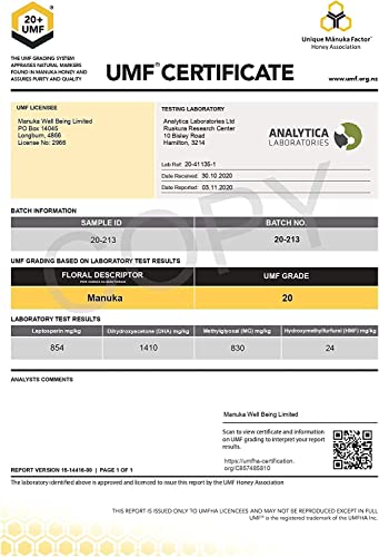 MANUKA WELLBEING Pure New Zealand's Finest Manuka Honey UMF 20+ (MGO 850+) - 300g