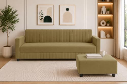 Image of Modern 3-Seater Velvet Sofa with Ottoman | Vertical Channel Tufted Backrest | Plush Cushioned Seating | Stylish Contemporary Sofa for Living Room, Bedroom & Office | Golden