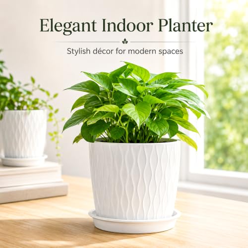 Image of SWAPKART (Pack of 5 6 Inch Plastic Flower Pots for Indoor & Outdoor Terrace,Garden Plants Decorative Planters with Drainage Holes & Matching Saucers Durable & Lightweight (White)