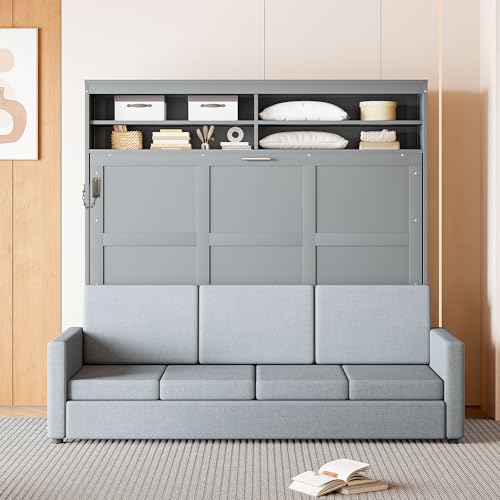 Queen Size Multi-Function Murphy Bed with Sofa and Storage, Solid