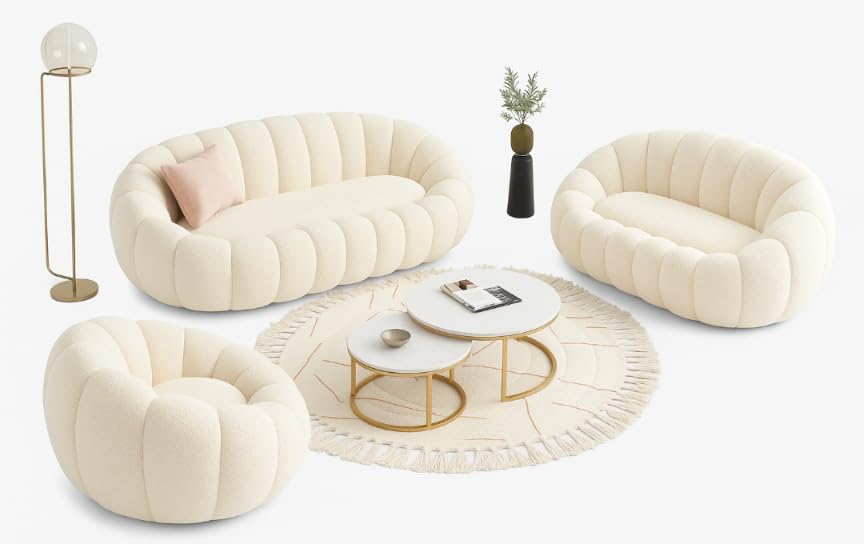 Image of Pumpkin Style Wooden Sofa, Pumpkin Shaped Living Room Sofa Set (Beige, 6 Seater)