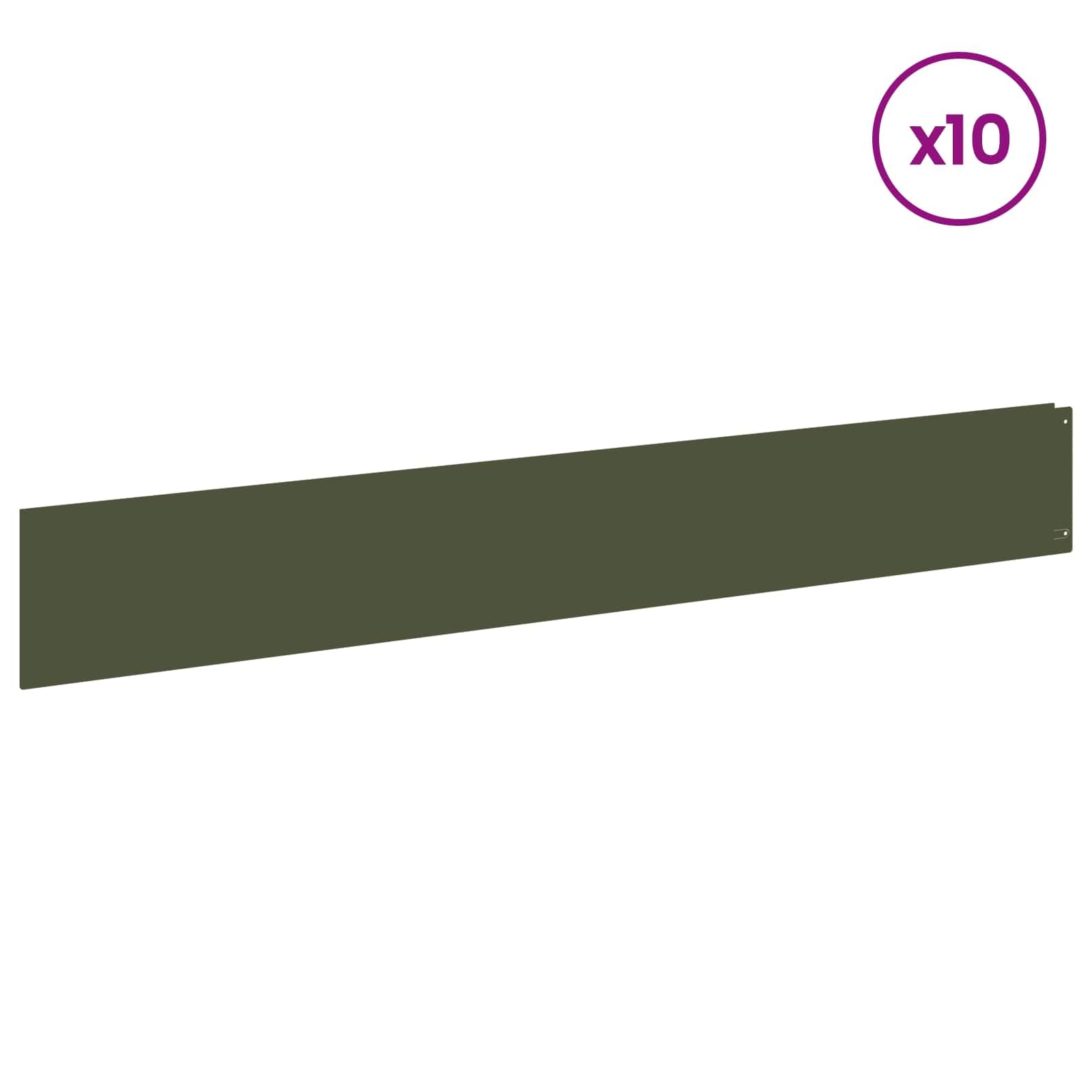 Obramowanie trawnika, 10 sztuk, 100 x 15 cm, stal malowana proszkowo, oliwkowa zieleń, elastyczne, do ogrodu, obramowania grządek i krawędzi grządek, z systemem wtykowym, na taras i do roślin