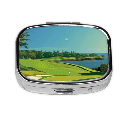 Golf Course by The Sea プリントピルボックス トラベルスクエアピルオーガナイザー ポータブルピルケース ミラーと2つのコンパートメント付き