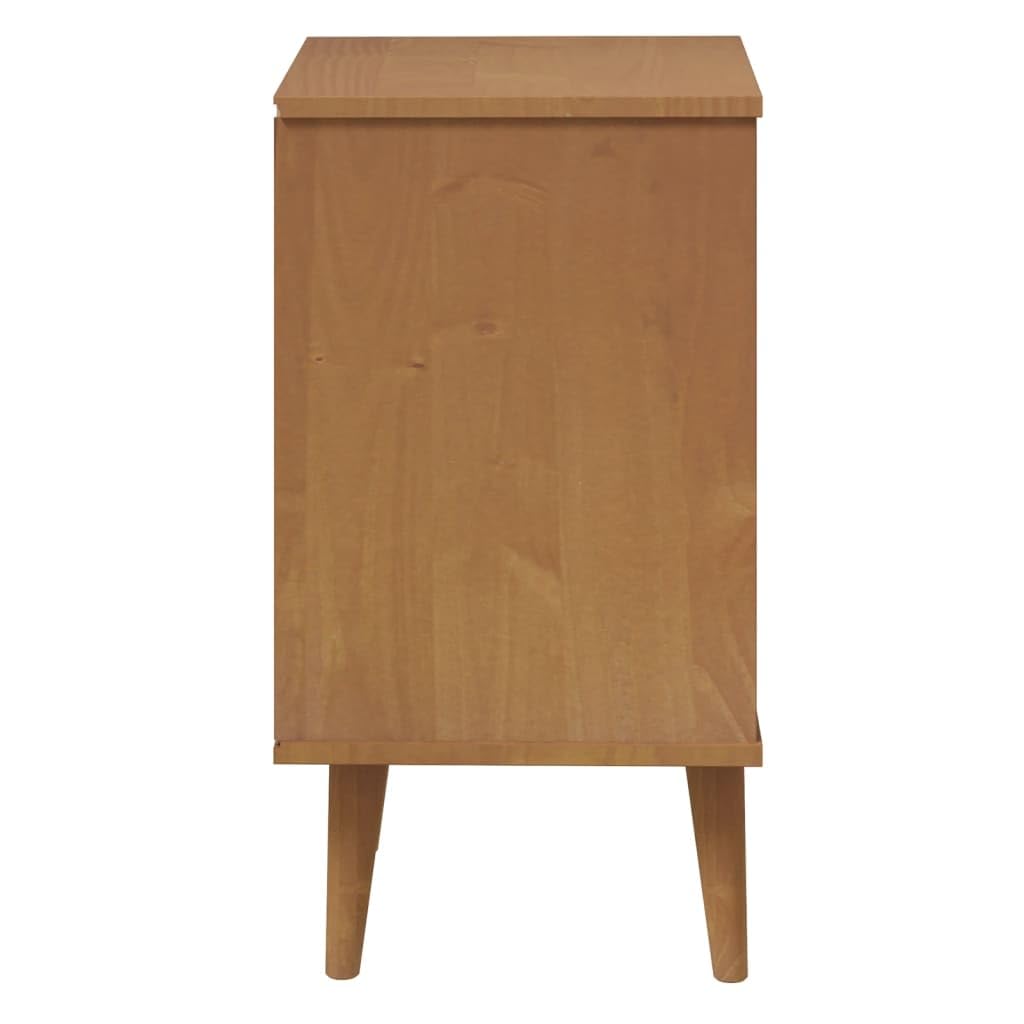 Comodino Marrone MOLDE in legno massello di pino 40x35x65 cm con 3 cassetti robusti e finitura vernice UV, mobiletto salvaspazio per camera da letto, soggiorno, ufficio, ingresso