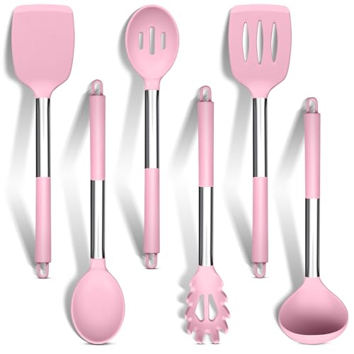 HaWare Juego de 6 utensilios de cocina de silicona con mango de acero inoxidable, resistentes al calor para utensilios de cocina antiadherentes, cucharón, cuchara volteadora, servidor de pasta, apto