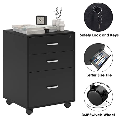 soges 3 Drawer Lockable Vertical File Cabinet Mobile Filing Cabinet on The Wheels, for Home Office,10CZSSFC04-1-5-CA (Black) - Image 8