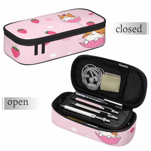 Image of Cute Cat Pencil Case Pink Fruit Strawberry Wine Glass Pencil Bag Pouch Box Organizer for College School Students Boy Girl