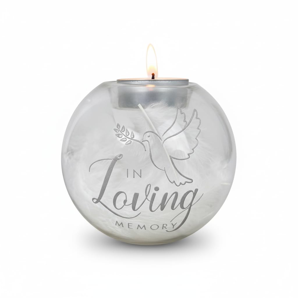 Personalised Feather Filled Glass "In Loving Memory" Tea Light Holder - Custom Message | Sympathy Gift, Remembrance