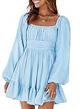 Dokotoo Women's Fall Dresses Square Neck Tie Back Off The Shoulder Dress Lantern Long Sleeve Blue Dress Ruffle A-Line Flowy Dress Elastic Waist Casual Party Beach Dress Medium