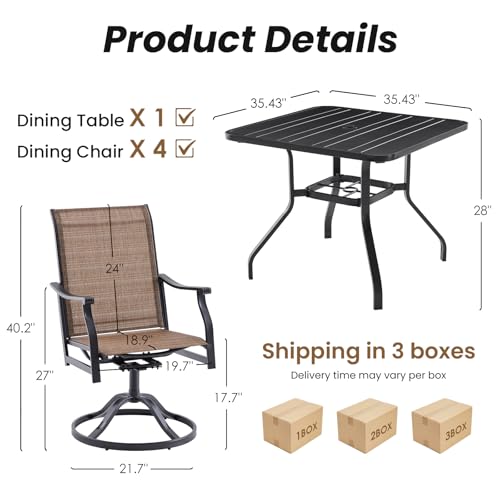 Image of Soohow Patio Dining Set for 4, 5 Piece Outdoor Table and Chairs Set, 4 x Swivel Patio Chairs with Textilene Fabric and 35 inchx35 inch Outdoor Dining Table with 1.57 inch Umbrella Hole for Poolside, Backyard