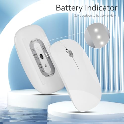 TENMOS M18 Wireless Bluetooth Mouse - Rechargeable, Triple Mode (Dual Bluetooth + USB), Silent, Portable with USB Receiver & Type C Adapter for Laptop/MacBook/iPad/PC - White