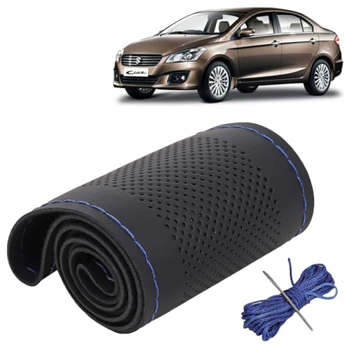 Image of KINGSWAY PU Leatherite Car Steering Cover Sewable Compatible with Maruti Suzuki Ciaz (Year 2014-2017), Black Color with Blue Thread, Pack of 1 with Sewing Needle and Thread