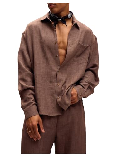 Men's Long Sleeve Shirts Button Down Pocket Patched Collared Business Baggy Shirt