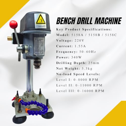 Image of Excel Impex Bench Drill Machine with Adjustable Height, 3 Level Speed controlling, Red Control Handle, Precision Drilling Machine for Glass Workshop