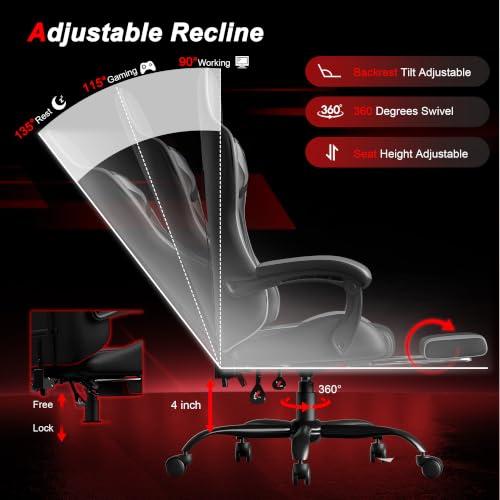 Image of Gaming Chair, Ergonomic Computer Chair with Footrest and Lumbar Support, Height Adjustable Video Game Chair with 360 Swivel Seat and Headrest for Office, Home, Streaming and Gaming (Grey)