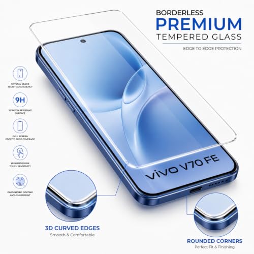 Image of ArmourPro 3D Borderless Tempered Glass for Vivo V70 FE, HD Clear Curved Edge to Edge Screen Protector, 9H Hardness, Oleophobic Coating, Case Friendly | Pack of 1