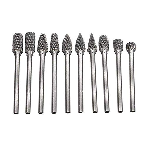 Linekong 10 Pcs Tungsten Carbide Double Cut Rotary Burr Set 3 mm (1/8 Inch) Shank and 6 mm (1/4 Inch) for Grinder Drill, DIY Wood-working Carving, Metal Polishing, Engraving, Drilling