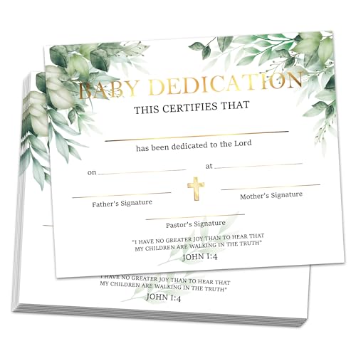 25 Modern Gold Greenery Baby Dedication Certificate, Christening Baby Dedication, Church Baptism Gifts, 8x10 Inches - M385
