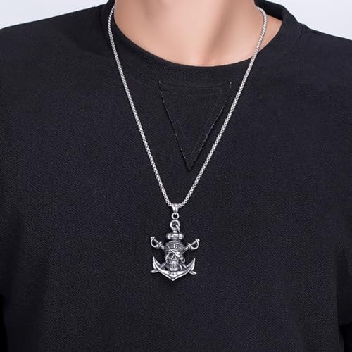 PINK TOWN Gothic Pirate Skull Pendant Necklace With Skull Head, Ship Anchor, Double Sword - Stainless Steel For Men & Women3