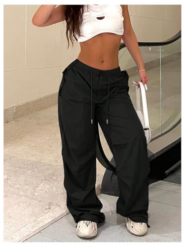 OYOANGLE Women's Parachute Cargo Pants Y2K Drawstring Waist Ruched Straight Leg Trousers Joggers2