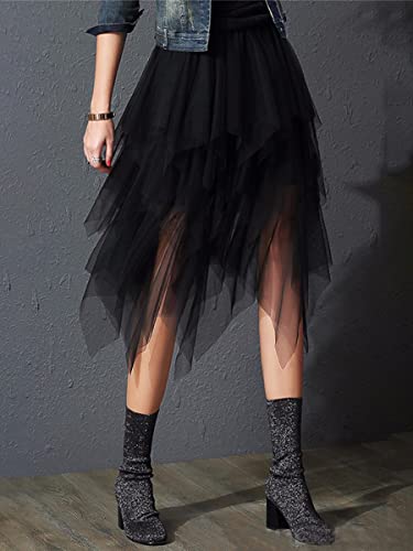 Women's Irregular Tulle Skirts Solid Color Layered Tutu Skirt High Waist Pleated A-line Skirt Elastic Summer Midi Skirt2