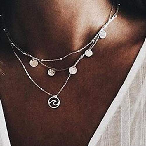 Taktik Boho Layered Necklaces Silver Bead Choker Wave Pendant Layering Necklace Chain Adjustable Jewelry for Women and Girls