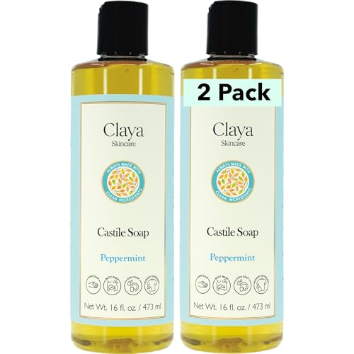 Image of Claya Peppermint Liquid Castile Soap - Organic Ingredients, Biodegradable, Refreshing and Cooling, Gentle for Skin and Multi-Purpose (2 Pack of 16 fl oz (Disc Cap))