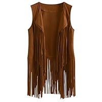Women Tassel Vest 70s Hippie Faux Suede Sleeveless Fringe Waistcoat Y2k Jacket Open Front Western Vintage Cowgirl Cardigan Outwear Gilet for Casual Street Dance Khaki XXL