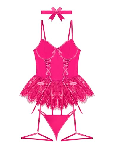 Image of Mixxmix Women Sexy Lingerie Set Naughty Lace Up Corset Bodysuit Underwire Lingerie Babydoll With Garter Belt and Bow Tie