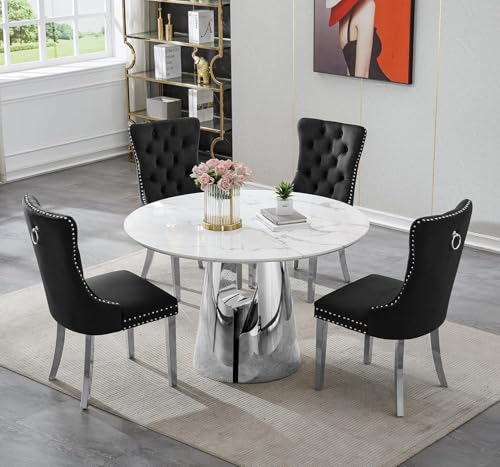Image of 5-Piece Round Dining Table Set for 4, Modern Faux Marble Kitchen Table and Black Velvet Chairs Set of 4, Luxury 45 inch Circle White Silver Dining Room Tables with Stainless Steel Base