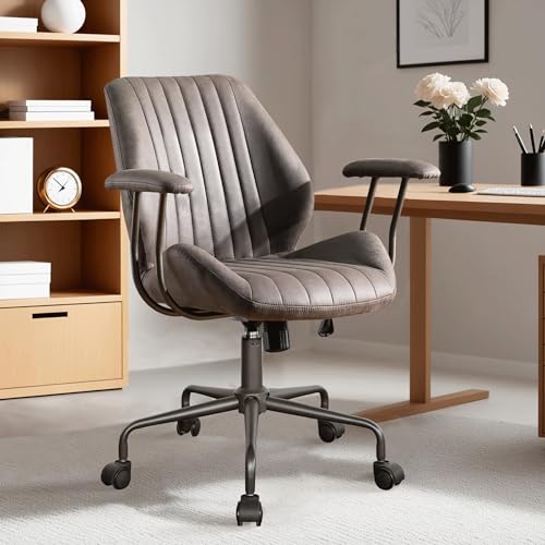 Image of ovios Ergonomic Office Chair, Mid Back Faux Leather Executive Chairs with Armrests, Comfy Mid-Century Modern Swivel Rolling Computer Armchair (Dark Grey, Suede Leather)