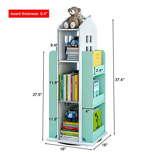 Mopam 360° Rotating House Bookshelf 3-Tier Floor Standing Revolving House Bookcase Book Storage Shelf Organizer For Home Office Decor, Blue #TOP1