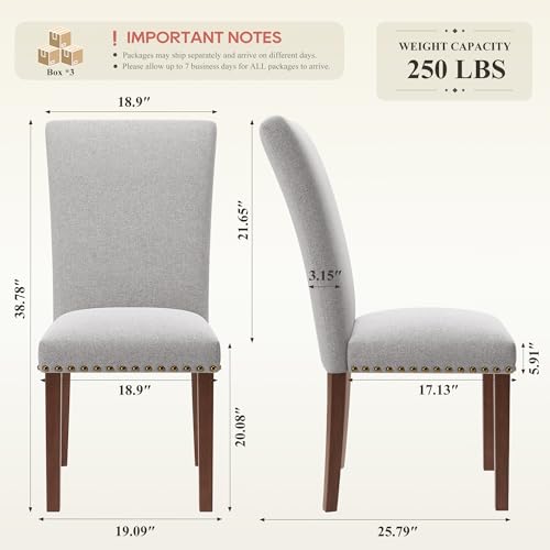 Image of COLAMY Parsons Dining Chairs Set of 6, Upholstered Fabric Dining Room Kitchen Chair with Nailhead Trim and Wood Legs - Light Grey