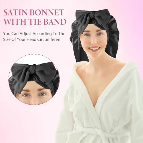 Abeillo Satin Bonnet for Women Silk Sleep Bonnet with Tie Band and Scrunchies, for Long Curly Hair and Braids (Black) - Image 3
