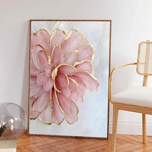 Peinture murale toile pivoine rose dorée 40x60 cm encadrée style nordique