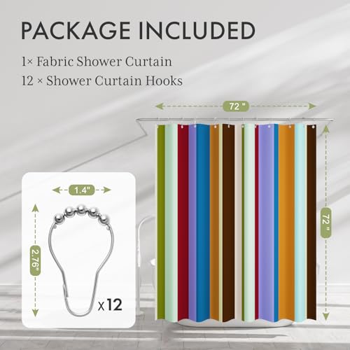 Image of AmazerBath Colorful Vertical Stripes Shower Curtain, Cute Stripe Bathroom Shower Curtain Set with 12 Shower Curtain Hooks, Rustic Fabric Shower Curtain, 72x72 Inches
