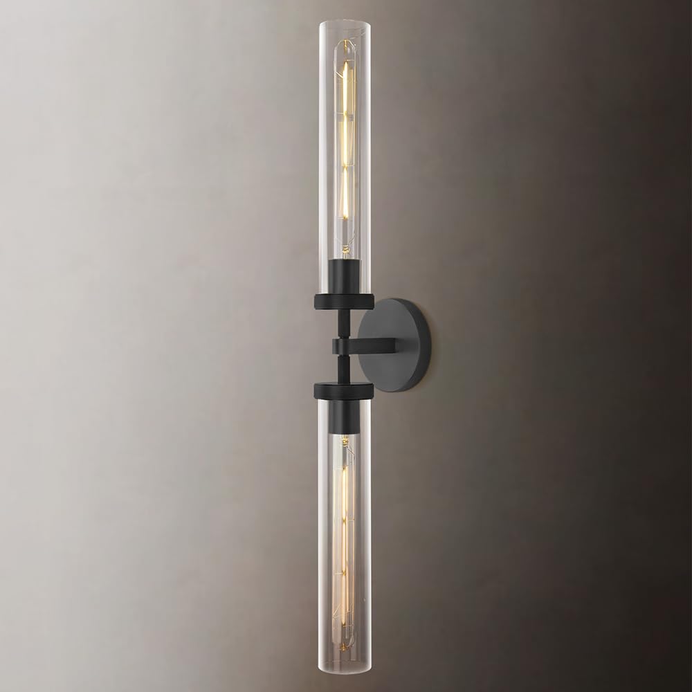 Modern 2-Light Black 30in Knurled Wall Sconces, Double Glass Sconces Wall Lighting, Bathroom Vanity Light Sconces, Wall Lights for Living Room Bedroom Hallway Kitchen Bathroom Mirror Includes bulbs
