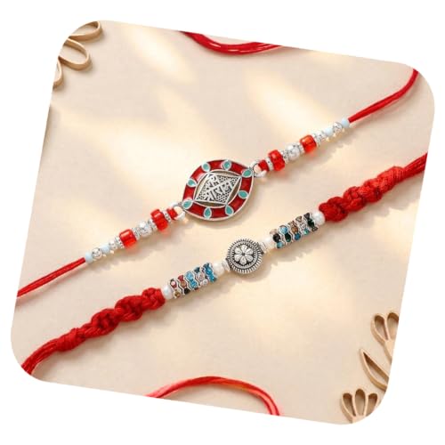Image of Peora Rakhshabandhan Thread Rakhi for Brother Bhaiya | Kundan Beads & Crystal Studded | Combo Set of 2 | Rakhi Hamper Roli Chawal & Greeting Card