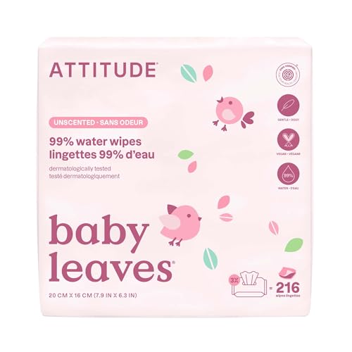 Image of ATTITUDE Baby Water Wipes, EWG Verified, Safe for Newborns, Unscented & Fragrance-Free, 99% Water, Gentle, Vegan & Dermatologically Tested, Travel Pack with Hard Lid, 72 Count (Pack of 3)