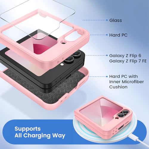 Image of Ruky for Samsung Z Flip 6 Case, Full Body Protective Cover Hard PC Ultra Slim Anti-Scratches Shockproof Wireless Charging Phone Case for Samsung Galaxy Z Flip 6, Pink